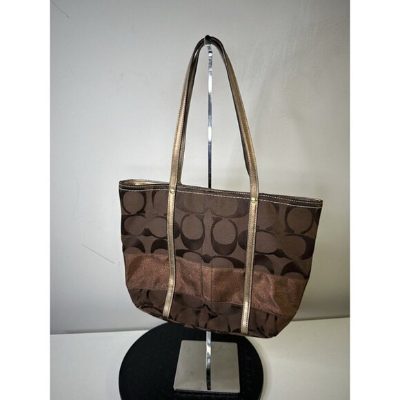 Coach Tote Y2K Medium Dark Chocolate Brown Copper Sparkle Stripe Signature Print - Picture 1 of 7